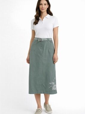 Northern Reflections khaki maxi skirt 4 slit belt crochet florals cottage core